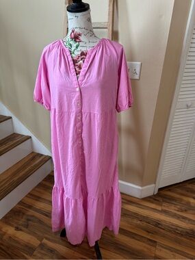 LOFT Pink Button-Down Tiered Maxi Dress
